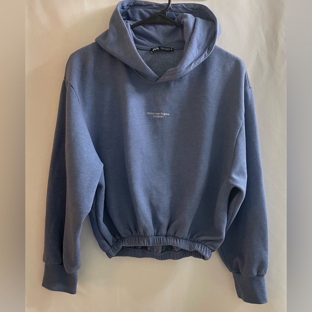 Zara Women's Embroidered Cropped Hoodie Blue Size S